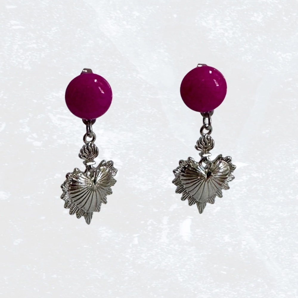 Silver and Pink Heart Drop Earrings